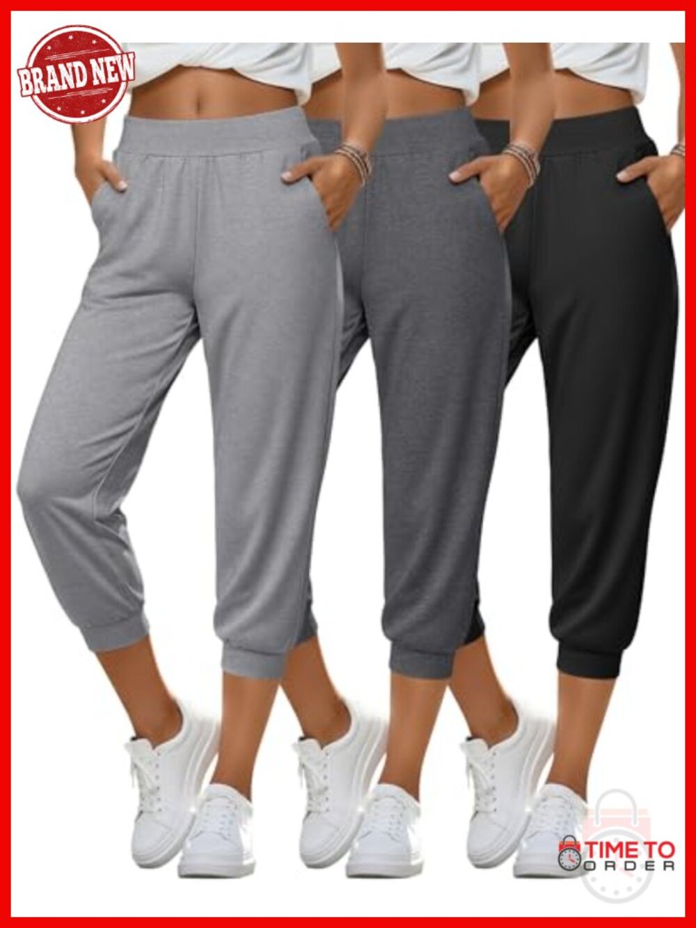 3 Pack Women's Capri Joggers High Waisted Cropped Sweatpants with Pockets